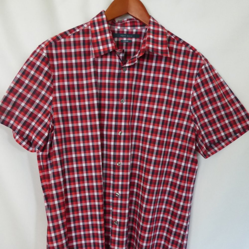 PERRY ELLIS STRETCH MENS RED WHITE BLUE CHECKERED PRINT SHIRT (PRE-OWNED) LARGE
